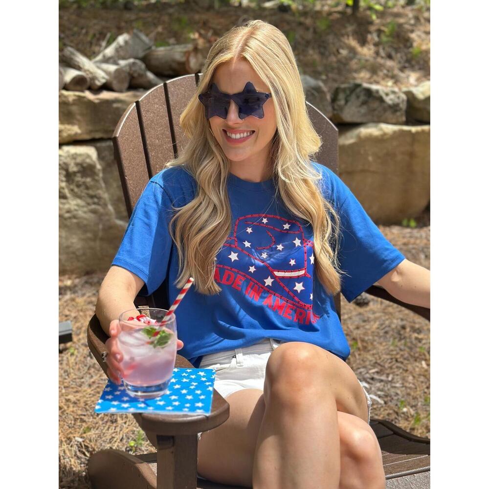 NEW STEWART SIMMONS rhinestone america boyfriend tee in blue